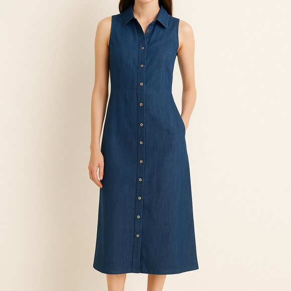 Chelsea Cambell VTG Linen Button-Front Navy Sleeveless Shirt Dress [size 10p] - Picture 1 of 8